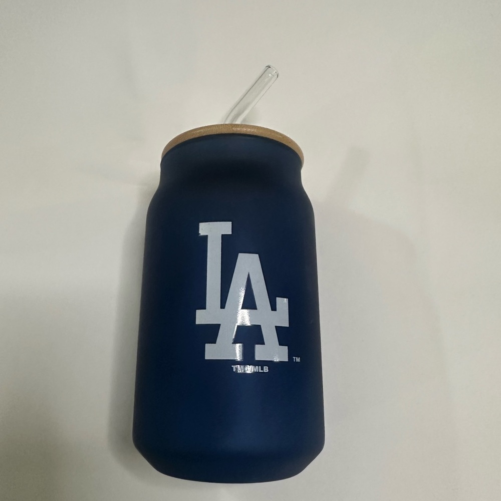 MLB Dodgers Blue LA Frosted Glass with Straw